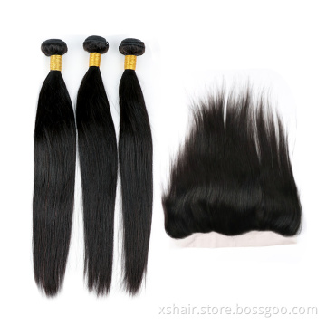 Straight 10-28 inchs human hair extension remy human virgin hair bundles 13x4 Lace Closure free sample hair bundles